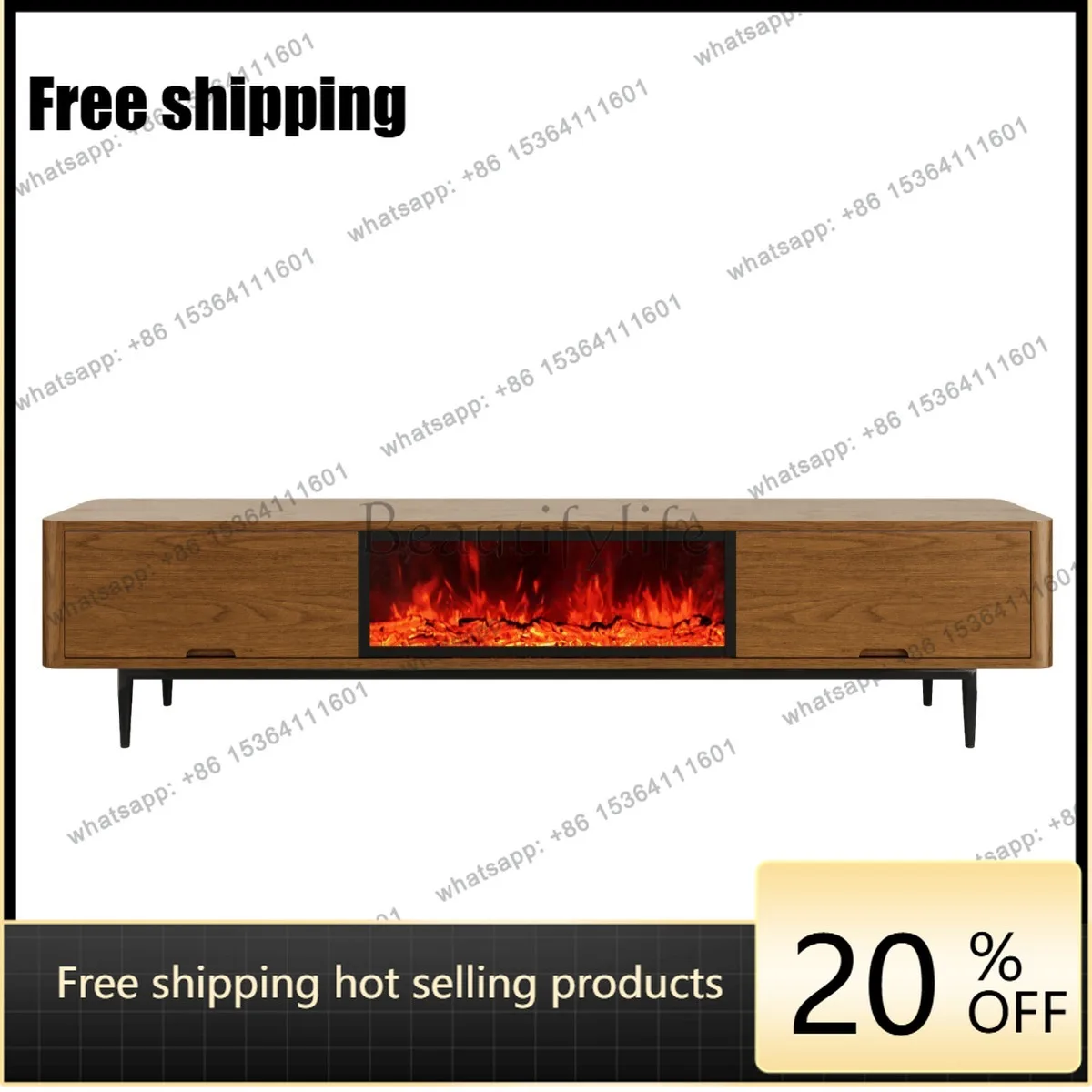 Walnut retro style embedded fireplace floor TV cabinet simulated flame decorative floor cabinet