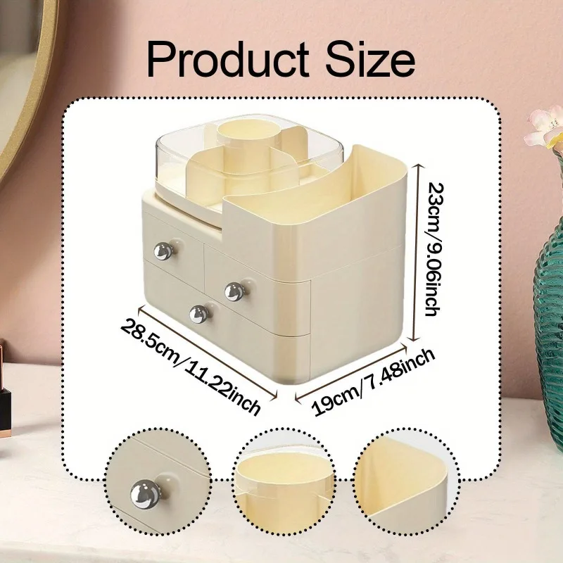 Elegant 360° Rotating Storage Box ，ABS Plastic, Multi-Compartment, Space-Saving Design for Cosmetics, Brushes & Office Supplies