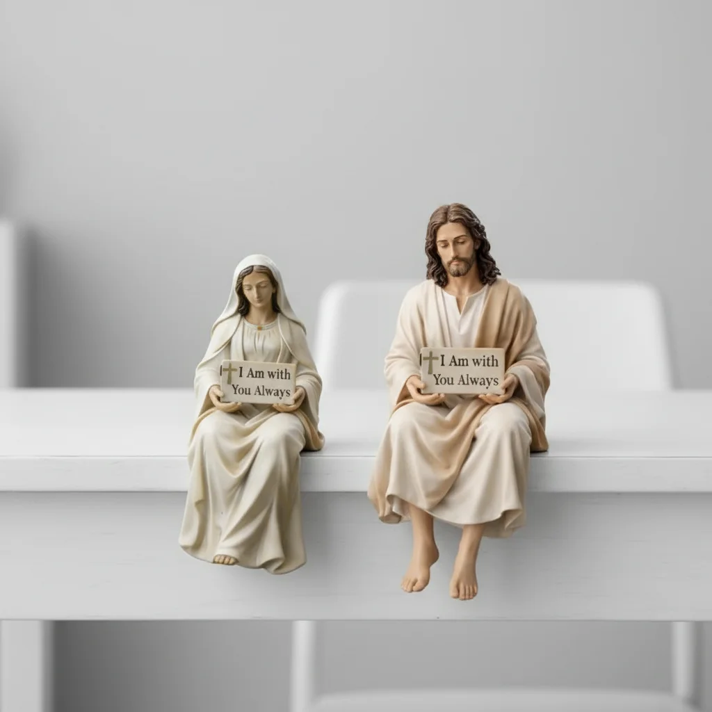 Estátua de Resina de Jesus Sentado, Companheiro de Mesa, Material de Resina, Estátua da Virgem Maria com a Inscrição 'Estou Contigo Sempre'