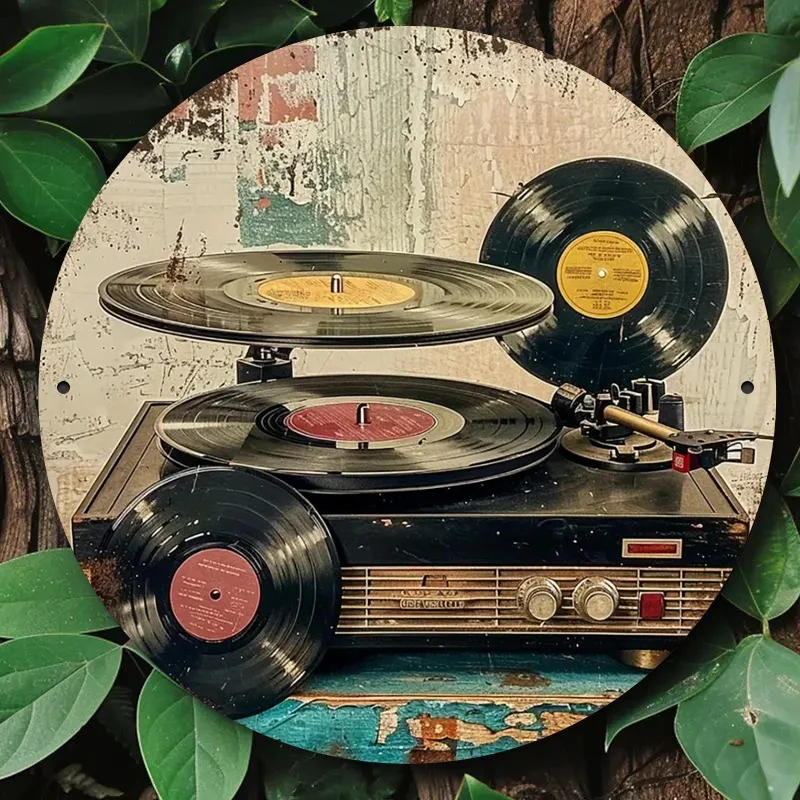 Room Decor Vintage Vinyl Record Player Round Wooden Sign, 8x8 Inch Antique Wall Art, Retro Music Themed Hanging Decor for Bar, H