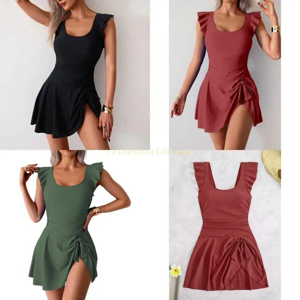 77UF Women Flounce Swimdress 1 Piece Skirted Swimming Costume With Briefs Scooped Neck Belly Control Swim Dress Swimsuit