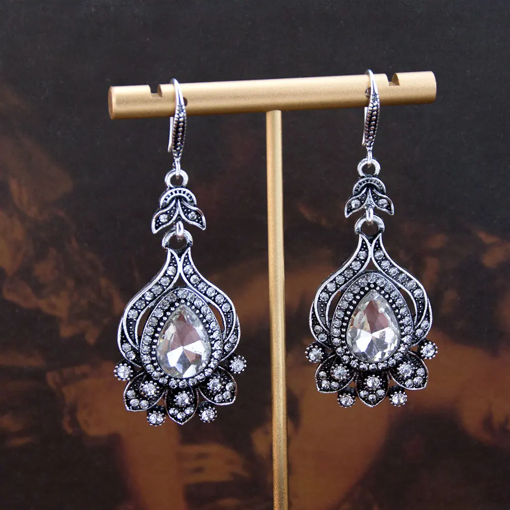 Vintage Women Earrings Rhinestone Party Eardrop Flower Shape