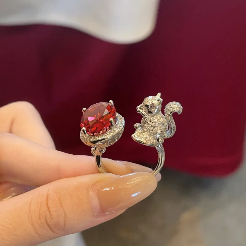 S925 pure silver little squirrel pink diamond square ring - unique and fashionable gemstone open-ended birthday gift item