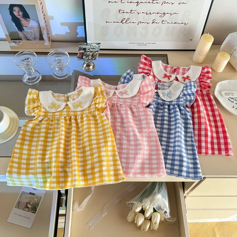 2026 Summer New Checkered Girls and Childrens Elegant Dress Sweet Summer Baby Princess Childrens Dress
