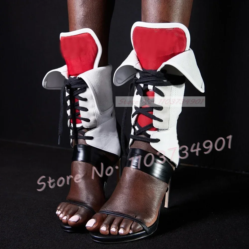 

Fold Over Multicolor Patchwork Stiletto Sandals Women Lace-Up Strappy Hollow Gladiator High Heels Ladies Sexy Runway Footwear