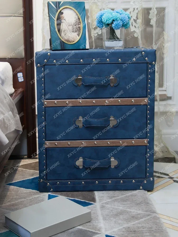 Bedside table Solid wood light luxury chest, bedroom retro simple leather storage bedside table