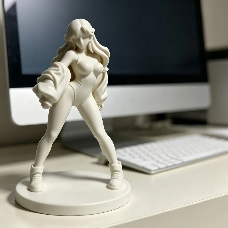 3D printed desktop ornament with long hair, sexy street girl, pure desire, white model, character sculpture ornament