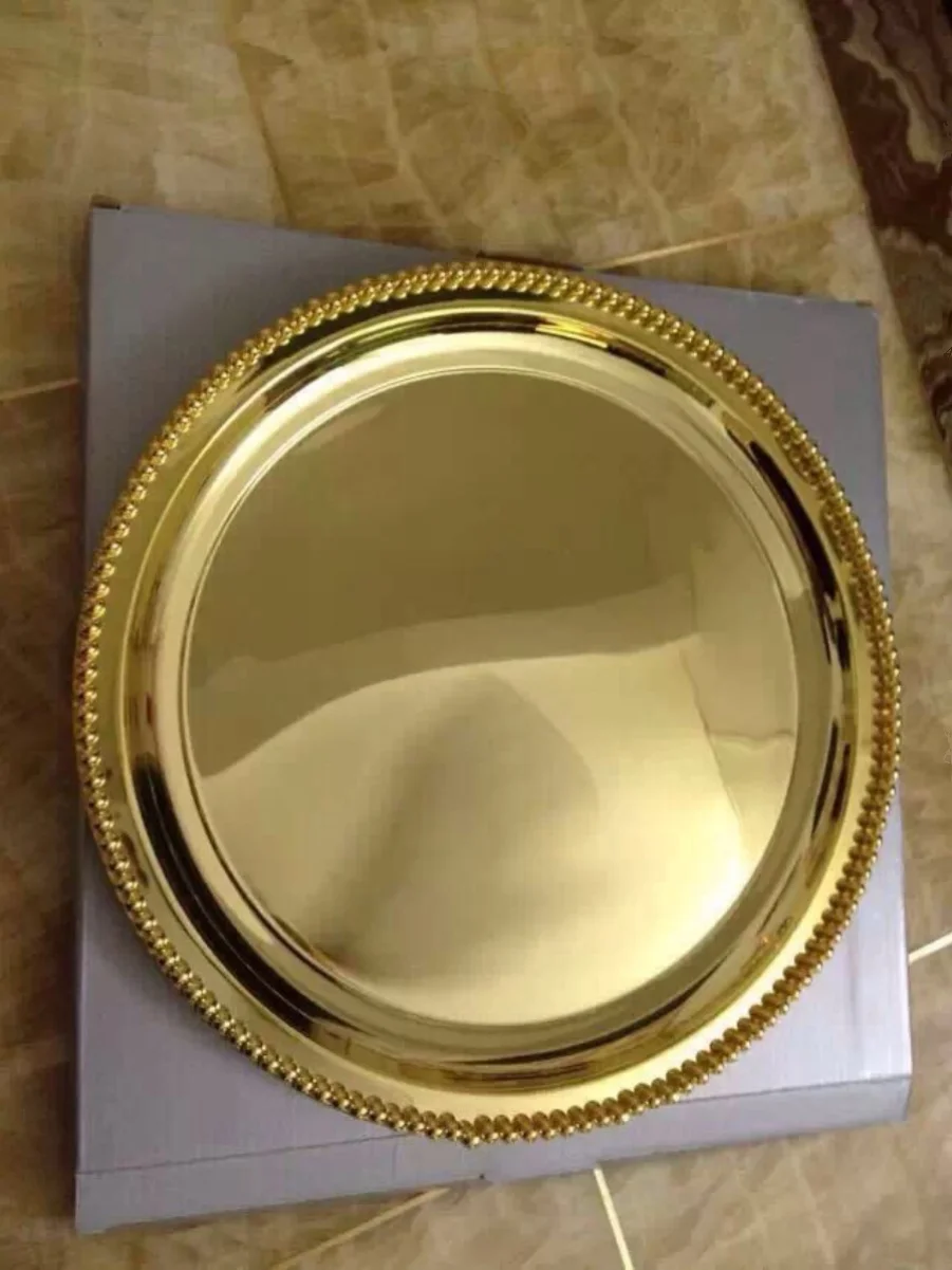 

Изысканный позолоченный поднос из нержавеющей стали с жемчужной окантовкой, утолщенная конструкция, для коммерческого использования, круглая тарелка в европейском стиле, столовая посуда