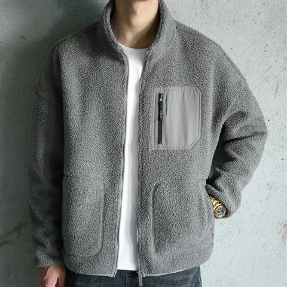 

Men's Winter Jaet Lamb Wool Coat Cotton Youth Faion Long Sve V-Ne Zipper Closure Thiened Outerwear for Men