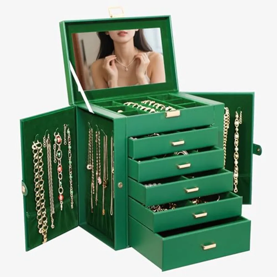 Jewelry Box For women 6 Layer Large Jewelry Organizer With Mirror Multi-Function Storage Box With Lock Necklace Holder With 5 D