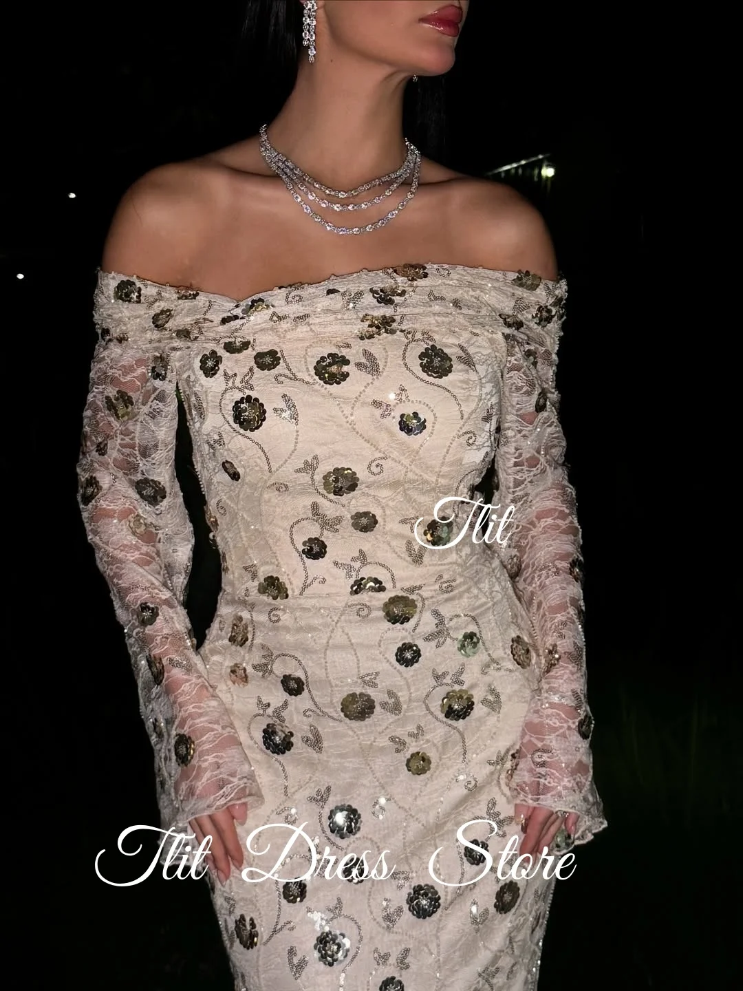 TLIT 우아한 아이보리 레이스 이브닝 드레스 맞춤형 오프숄더 화려한 스팽글 인어 프로미 드레스 베스티도 다 노이트