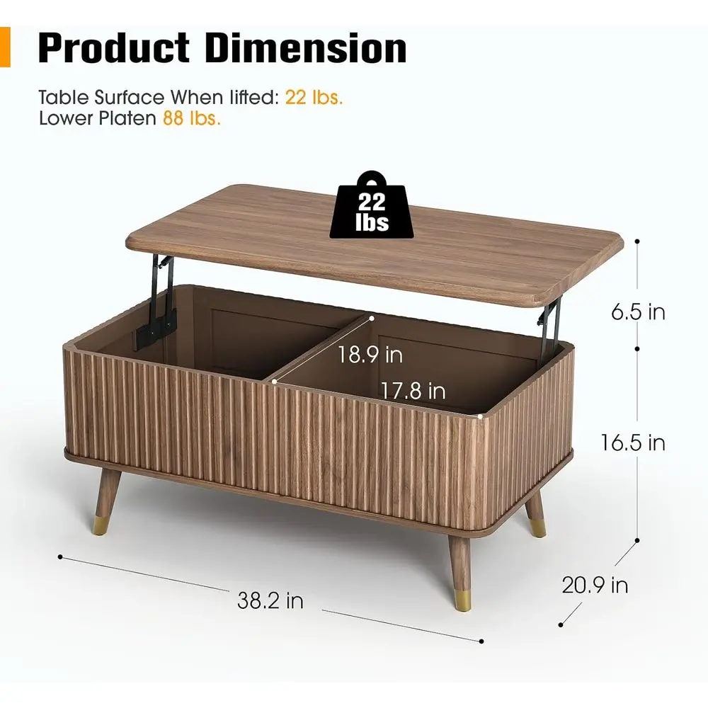 Lit Top Coee Table with Storage, Century ern luted Wood Design,-Up Walnut Center Table with Hidden Comparent or Living Room & Ho