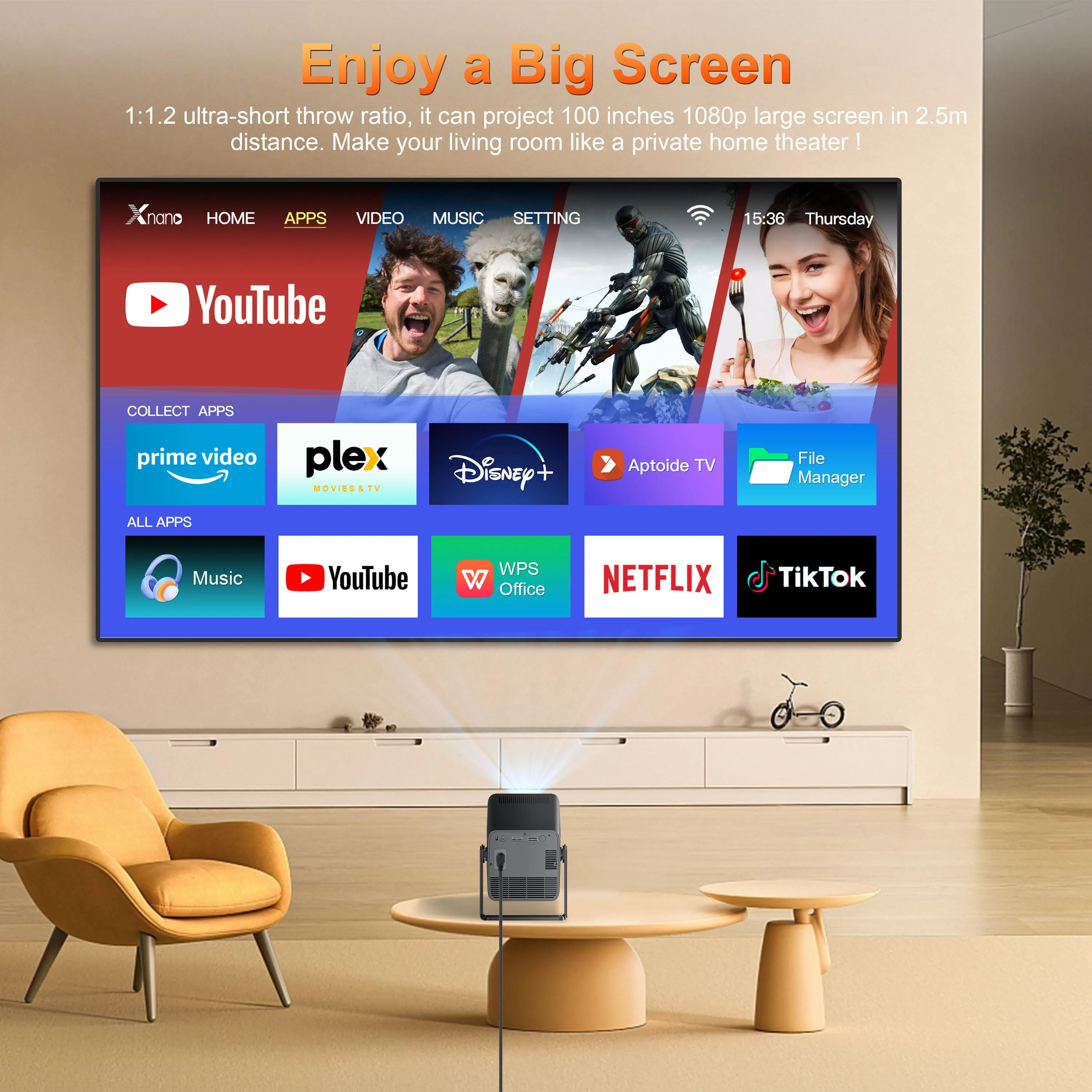YDH-HM103 جهاز عرض ليزر ذكي 4K 600 لومن أندرويد 13 صوت التحكم عن بعد التركيز التلقائي مناسب لجهاز العرض المحمول الداخلي