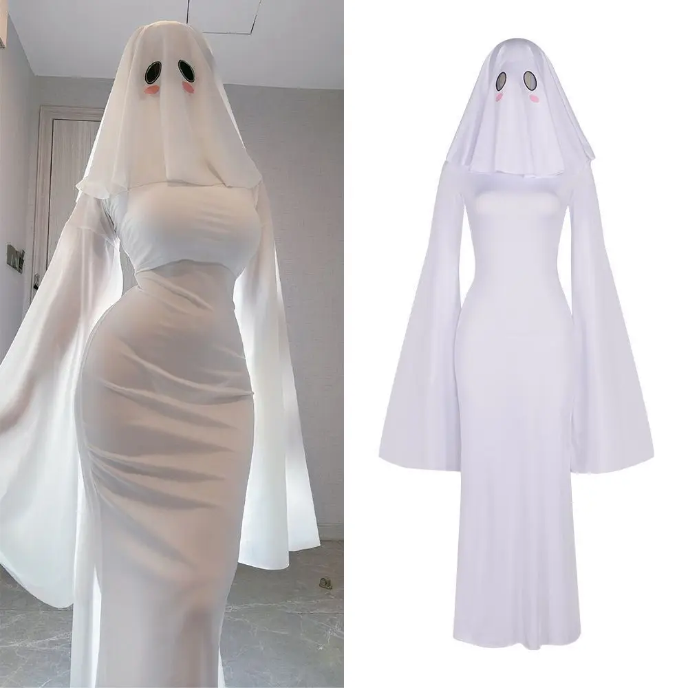 Kostum Hantu Halloween Aprikot Wanita Cross-dressing Cosplay Wanita Dua Arah Slim Fit Gaya Yang Sama