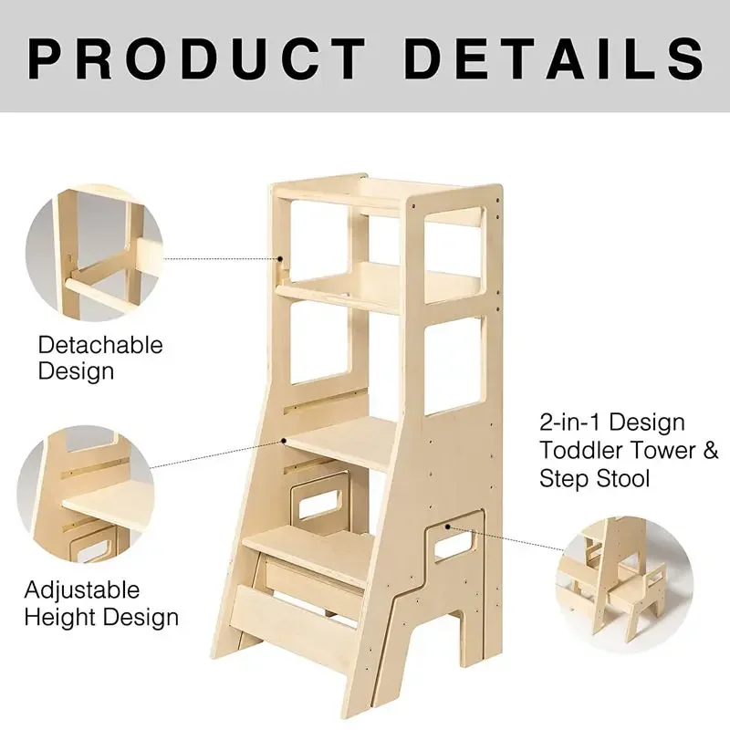 Wooden Montessori Learning Tower With Footstool Step Stool Kitchen Help Tower