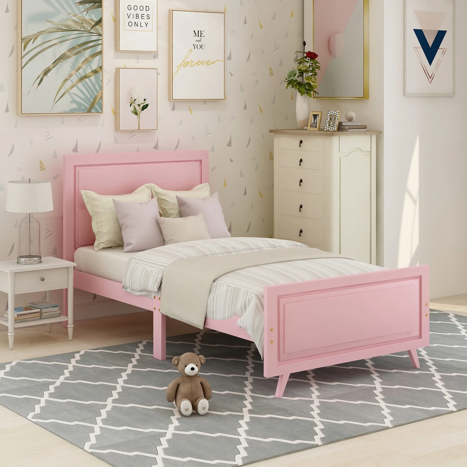 Wood Twin Platform Bed Frame with Pink Headboard & Slat Support