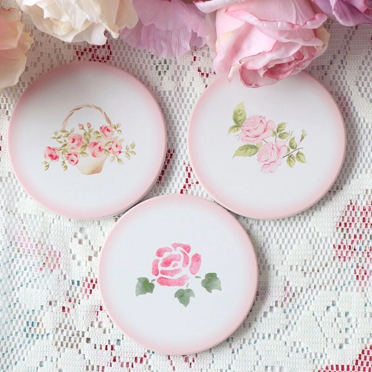 Non-slip Table Placemat, Insulation Pad, Painting Coaster, Pink Flower, Bow, Drink Cup Cushion, Kitchen Accessories, 3Pcs Set, N