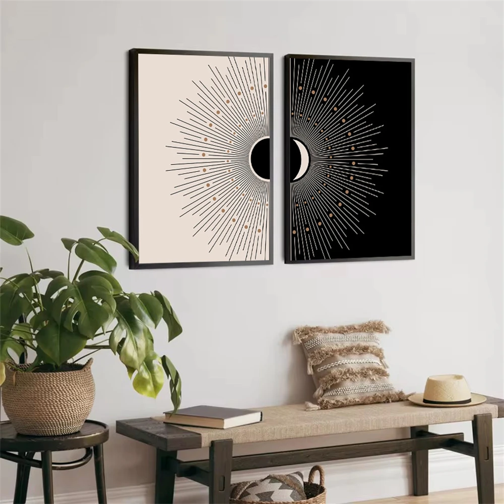 

Modern Black Beige Sun and Moon Poster Wall Art Painting Mid Century Abstract Canvas Print Wall Pictures Living Room Home Decor