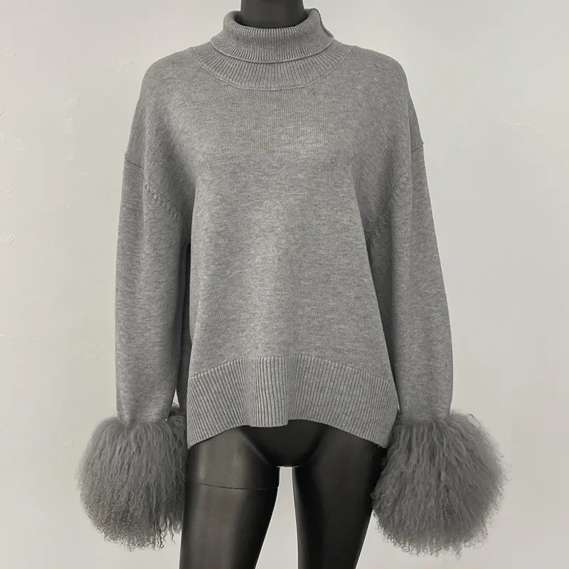 HUISONG ファッションプルオーバー女性ニットコート女性羊の毛皮ニットコート女性モンゴル羊の毛皮暖かいセーター秋冬