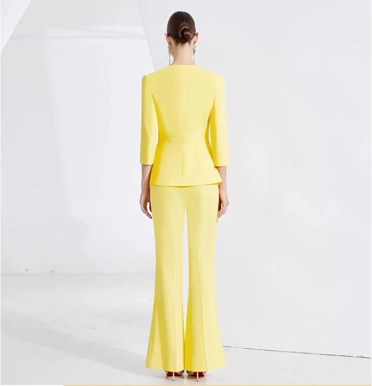 new spring autumn Banquet Moderator brand female women girls yellow coat pants sets suits clothing