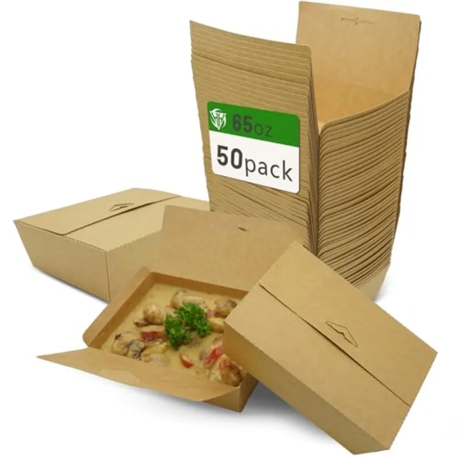 Disposable Kraft Paper To Go Containers With Lids, Microwaveable and Grease Resistant Cardboard Lunch Boxes, Meal Prep Containe