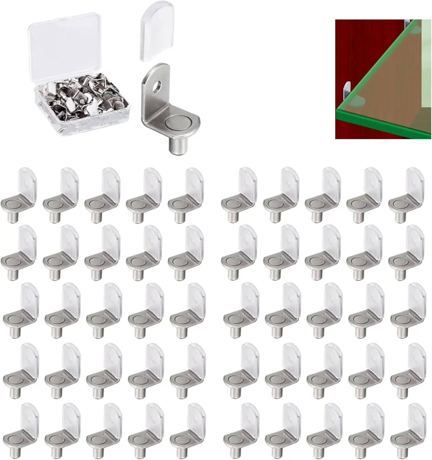 50Pcs Shelf Support Pegs, 1/4 Inch (6.35mm) Metal Shelf Pins for Wood Shelves Adjustable Shelf Brackets L-Shaped Clips