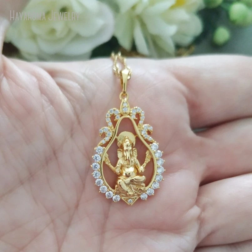 10Pcs Gold Color Zircon Ganesha Pendant Necklace Fine Hindu Jewelry