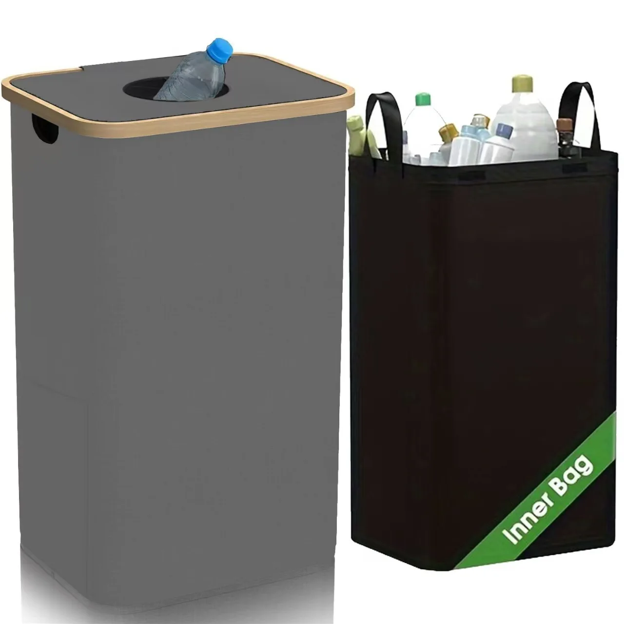 Bottle Recycling Bin, Kitchen Household Foldable Garbage Basket, Bamboo Plastic Bottle Recycling Bin with Lid