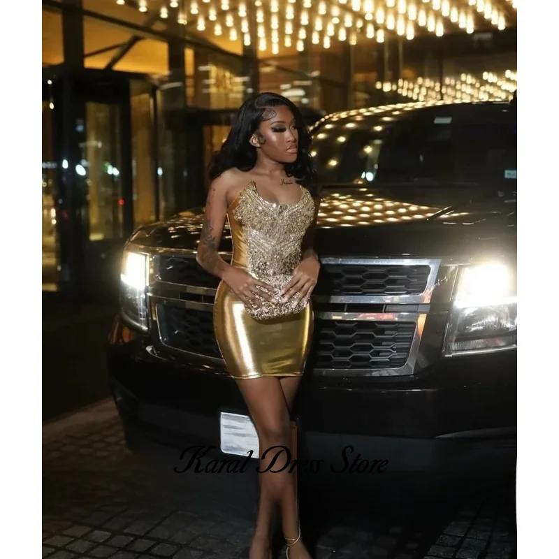 Sexy Gold Crystals Short Prom Dress Glitter Diamonds Beads Mini Cocktail Dress Birthday Party Dress Leather Customized