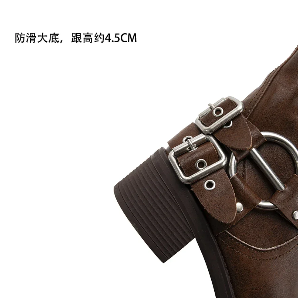 Genuine Leather Motorcycle Boots Metal buckle strap Women Mid-Calf Rider Boots Thick Heels Casual Western Cowboy Boots Brown