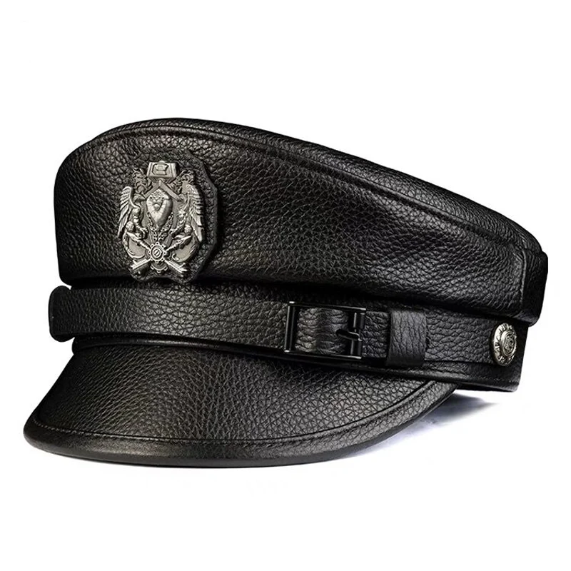 German Eagle Mark Belt Buckle Military Cap For Man Genuine Leather Cowhide Flat Top Hat Fashion  Locomotive Casquette Male Army