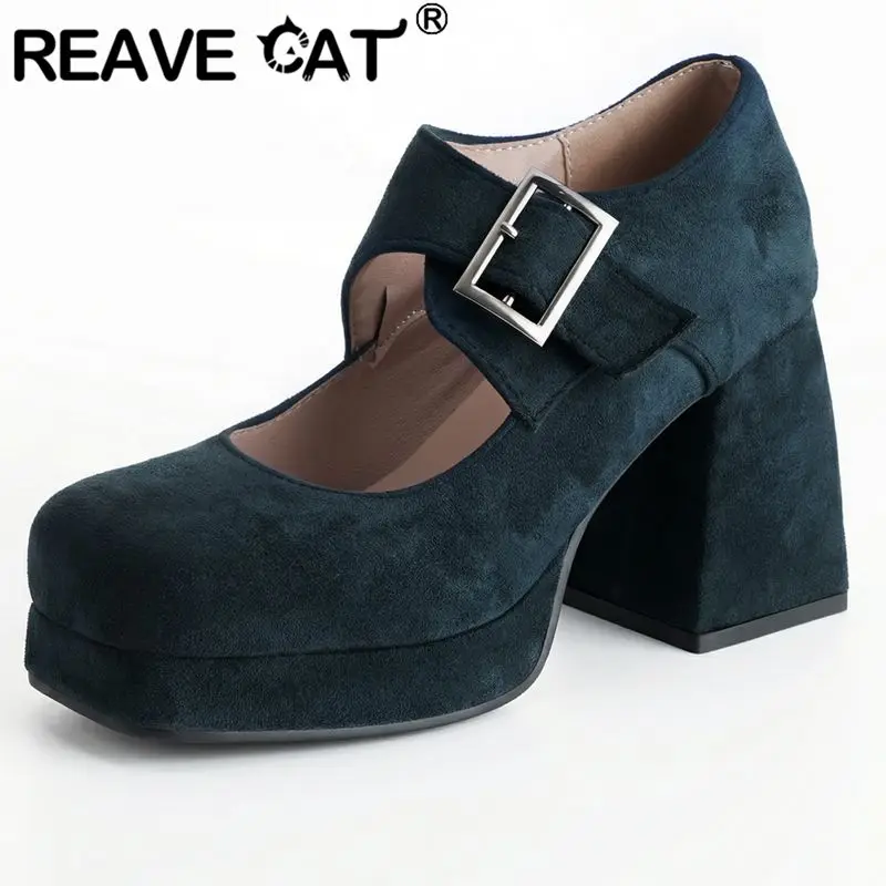 REAVE CAT Purple Flock Suede Women Pumps Square Toe 9.5cm Block Heel 1.5cm Platform Buckle Strap Plus Size 47 48 Mary Jane Shoes