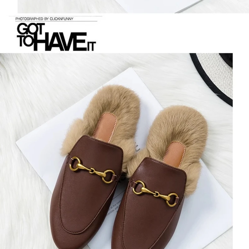 Baotou Horse Buckle Outside To Wear Rabbit Hair Flat Bottom Plus Cashmere Warm Fashion All Comfortable Non-slip Female Slippers