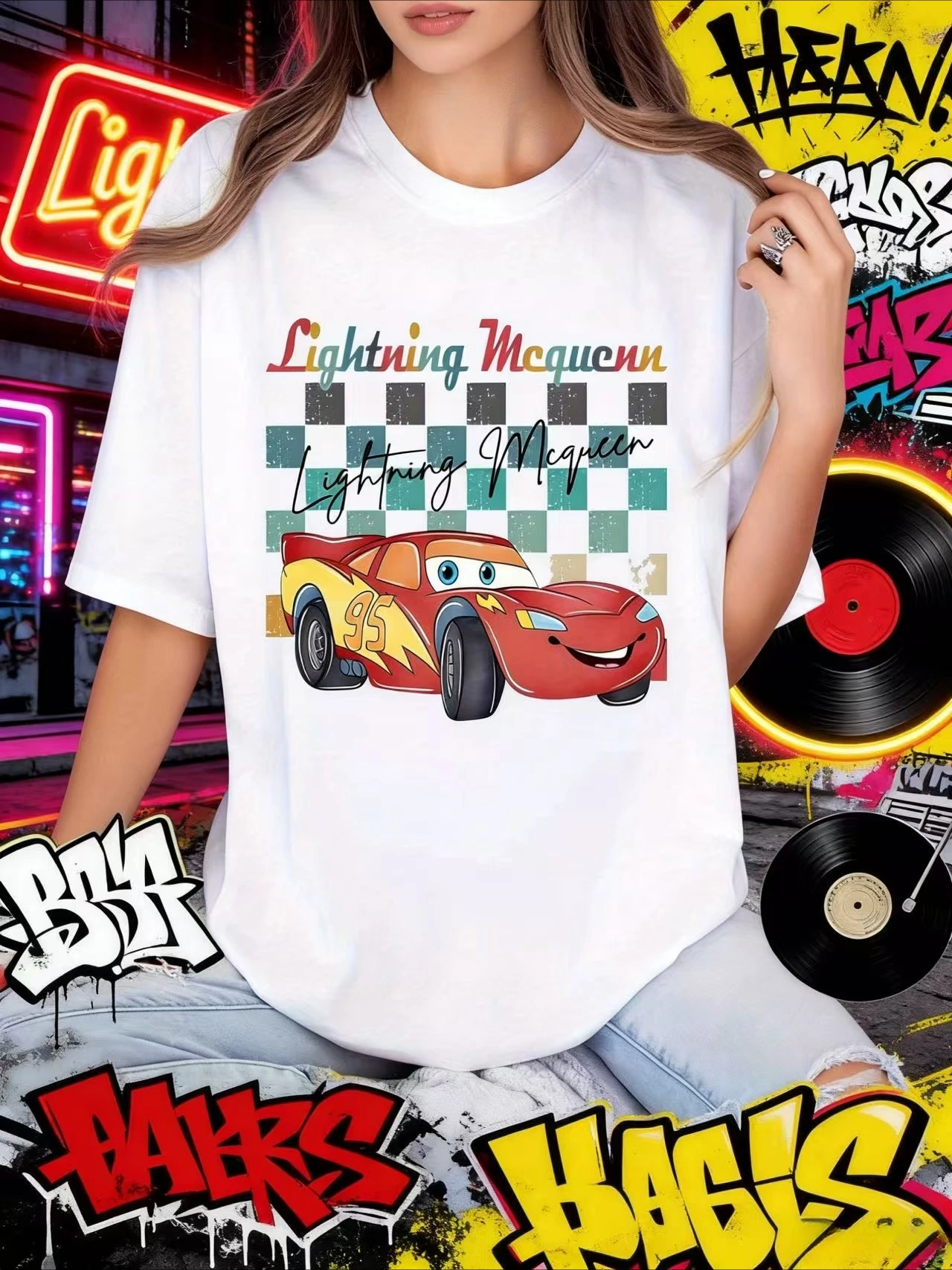 

Disney Pixar Car Lightning McQueen 100% Pure Cotton Printed T-shirt for Men and Women, Casual and Loose Movie-themed Top Y2k