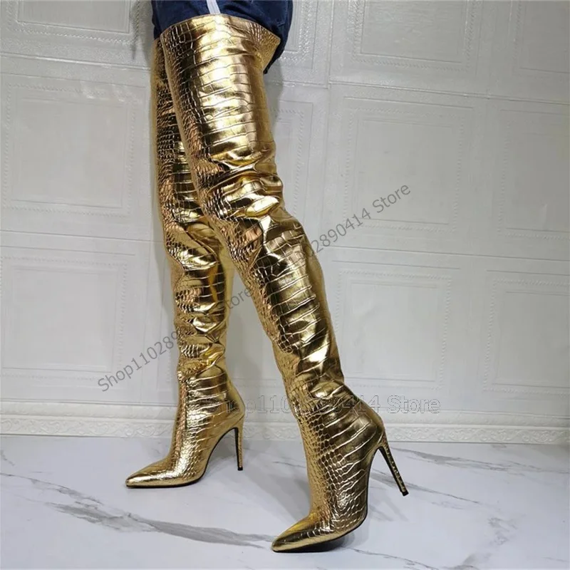 

Gold Crocodile Print Thigh High Pointed Toe Boots Back Zipper Women Shoes Thin High Heels Fashion Party 2023 Zapatos Para Mujere