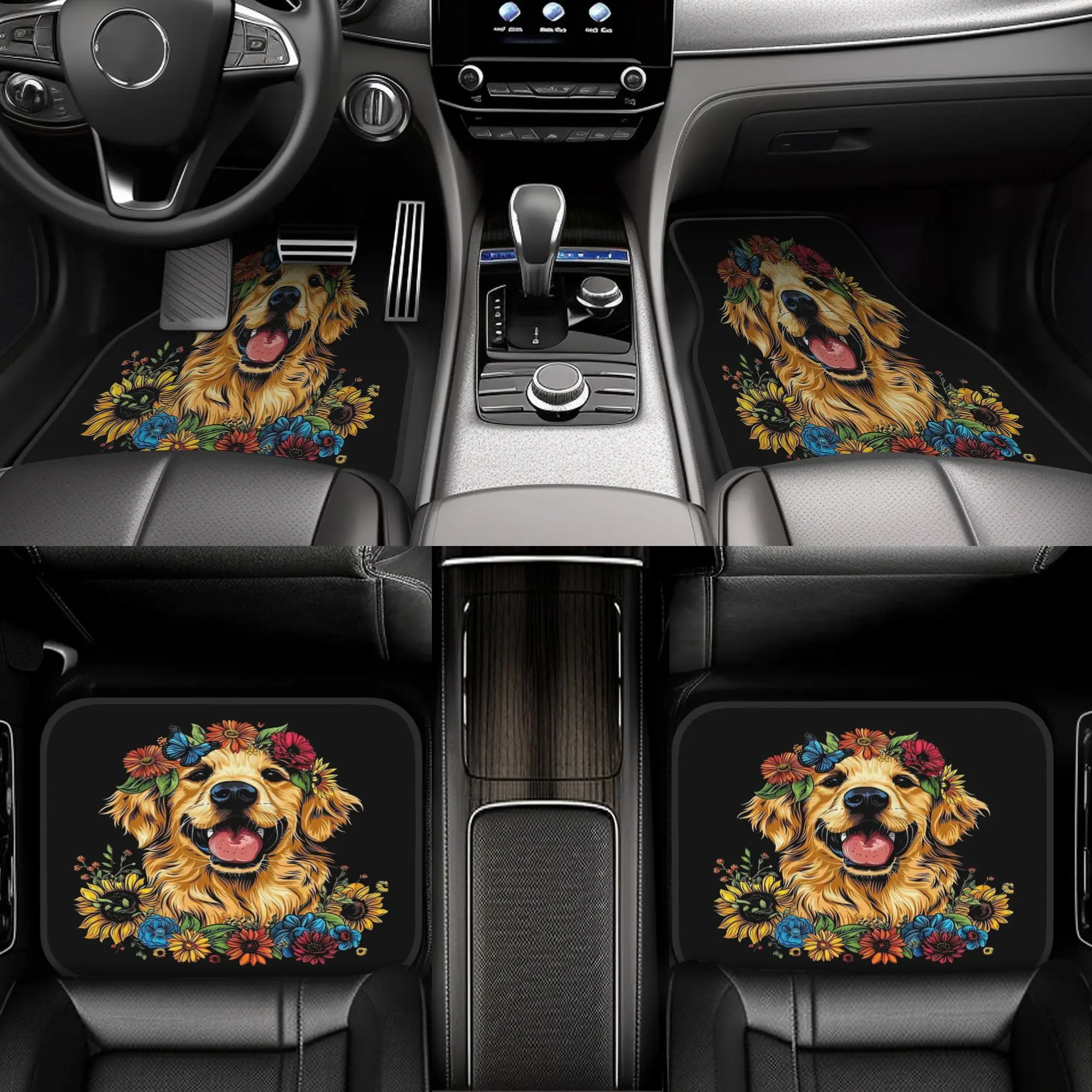 4pcs Funny Golden Retriever Floral Colorful Mom Dad Kids Car Floor Mats, Durable, Fit For Cars, Ideal Gift, Vehicle Interior Mat