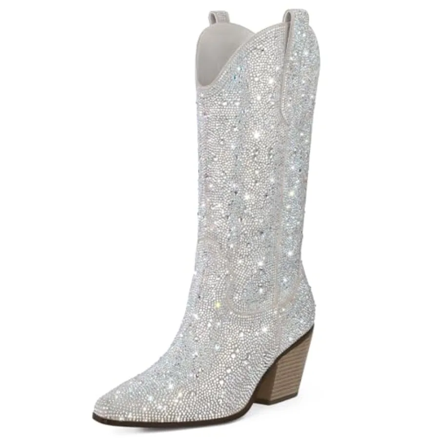 

MUCCCUTE Women's Rhinestone Boots Sparkly Block Heel Cowboy Boots Glitter Boots