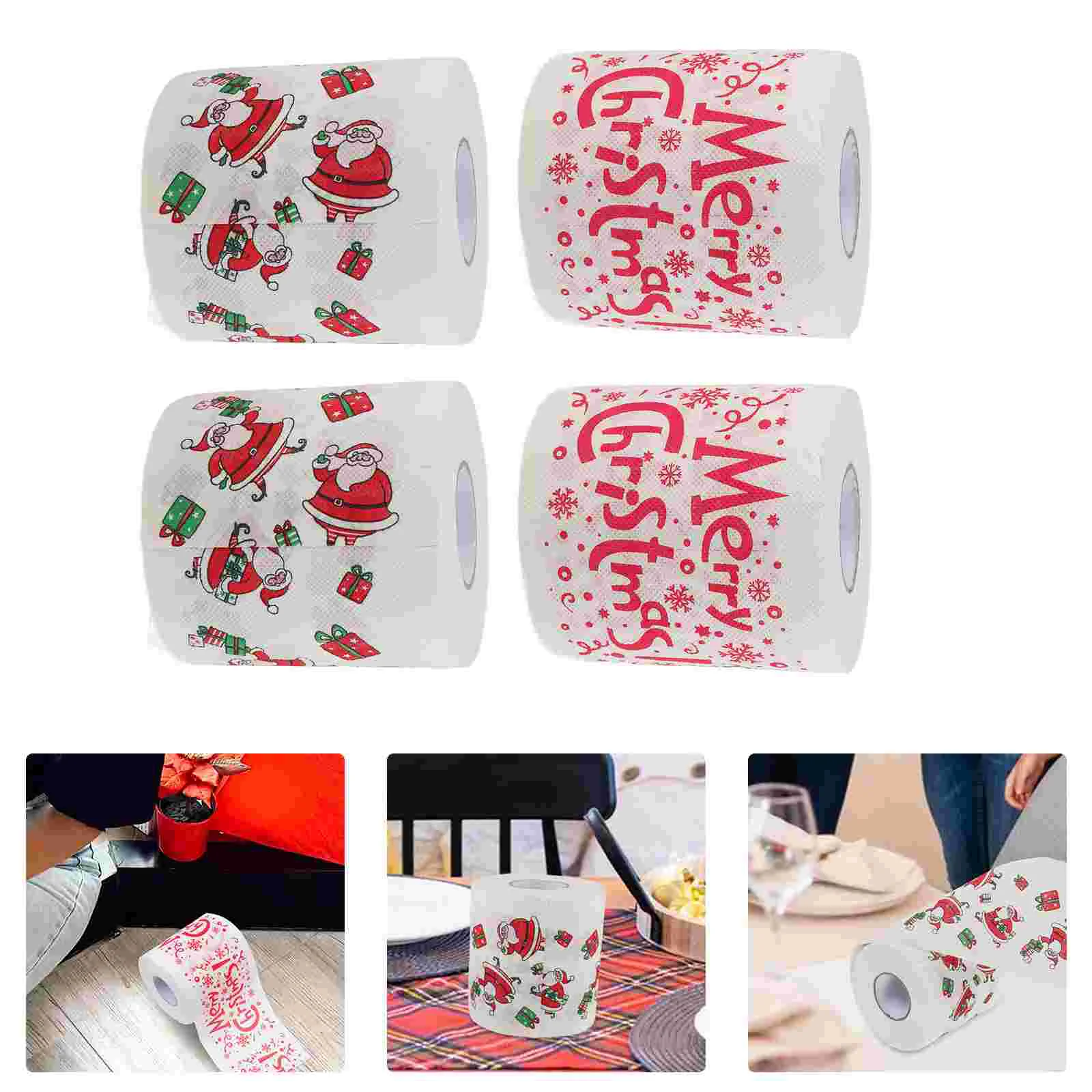 4 rollos de papel higiénico navideño, decoraciones para el baño, servilletas faciales, tejido de Papá Noel, papeles desechables, patrón, novedad