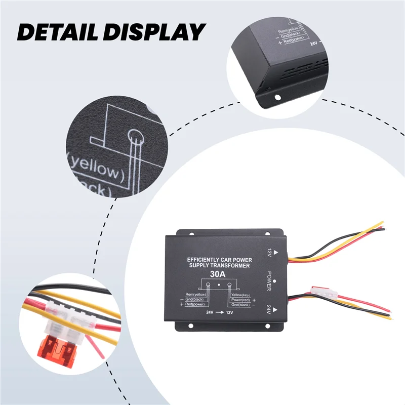 Fuente de alimentación de coche de 24V a 12V 30A, convertidor de transformador Buck, camión, autobús, DVD, modificación de Audio, potencia eficiente para vehículo