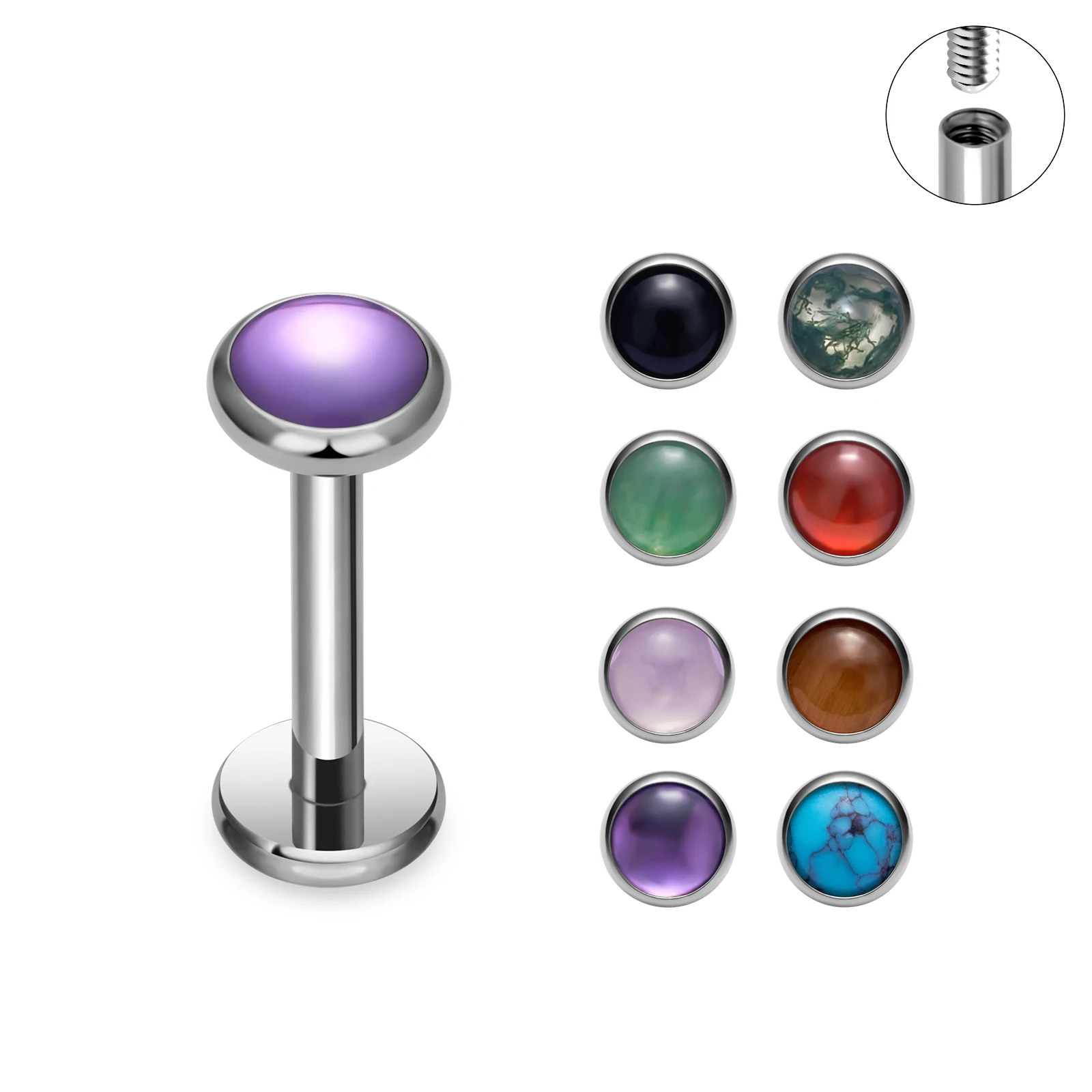 ASTM F136 Titanium PIERC Circular Ear Lip Studs with Natural Stone Top Labret Tongue Nose Stud Earrings Body Piercing Jewelry