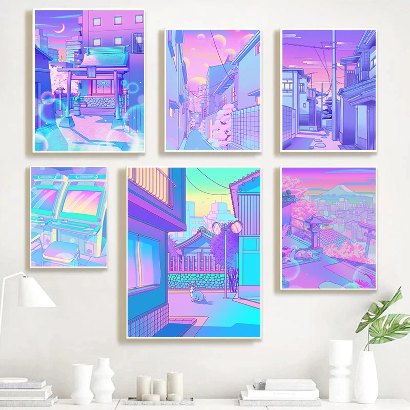 Fantasy Imagination Purple Pink Japanese Anime Style poster City Scenery Canvas Painting Wall Art for Room Home Decor Aesthet