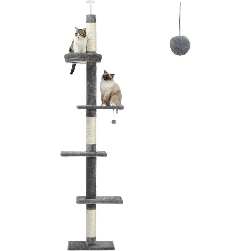 Cat Tower 5-Tier Floor to Ceiling Cat Tree Height(95-107 Inches) Adjustable, Tall Climbing Tree Featuring with Scratching Post,