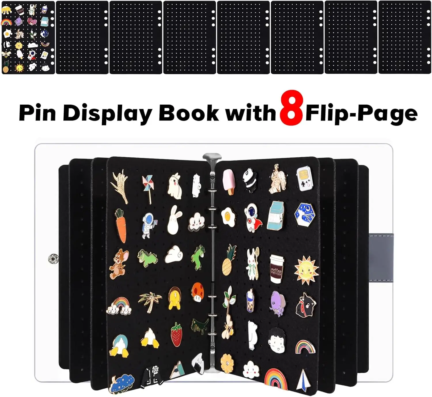 8 Pages A5 Enamel Pin Display Book, Portable Travel Pins Collection Storage Organizer Binder for Brooch Collectors, Pin Lover