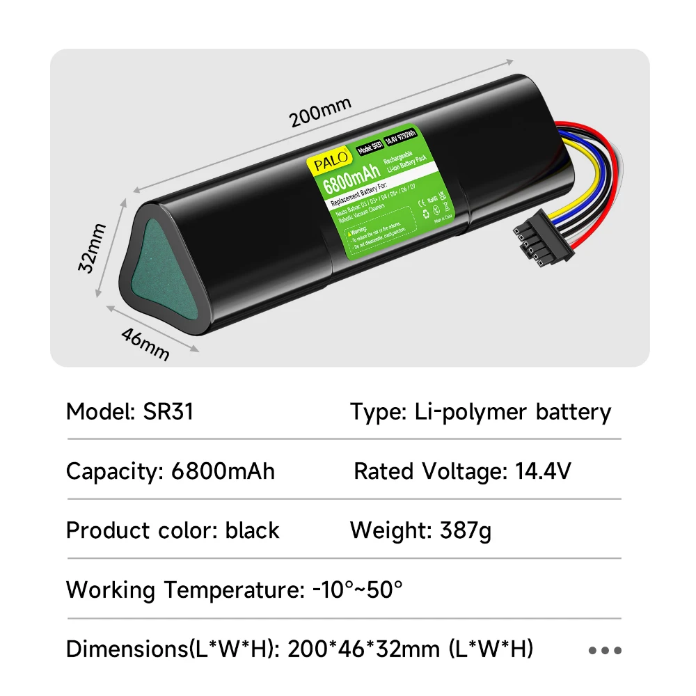 PALO 14.4V 6800mAh Replacement Battery 945-0225,205-0011 Lithium Battery for Neato Botvac D3 D4 D5 D6 D7 D3+ D301 D5+ D502 D701