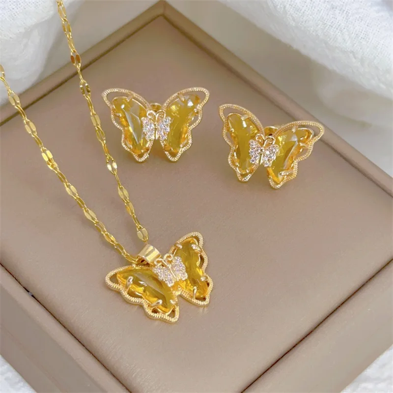 Fashion European and American Cute Micro-inlaid Butterfly Necklace Earrings Set Classic Light Luxury Transparent Stainless Steel