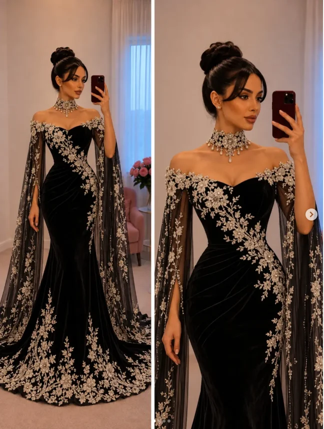 Schwarzes Meerjungfrauen-Abschlussballkleid im Golf-Arabischen Stil mit Umhang, langen Ärmeln, luxuriösen Perlen und Blumenstickerei, schulterfreies Abendkleid für Prominente