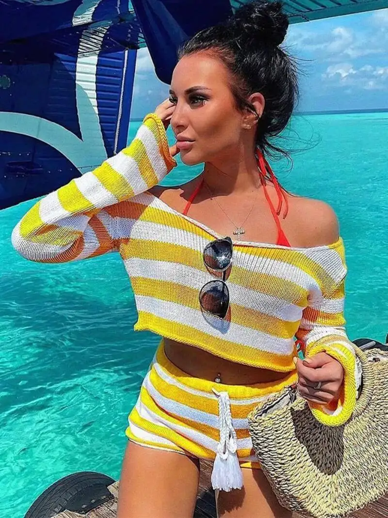 Beach Holiday Knitted Two-Pieces Shorts Sets Women Summer Casual Long Sleeve Pullover Cropped Tops+High Waist Shorts Set