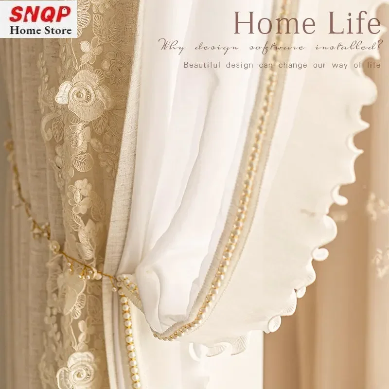 

French Beige Cotton Linen Embroidered Lace Luxury Tulle Curtains for Living Room Bedroom Dining Room Warm Guest Window Elegant