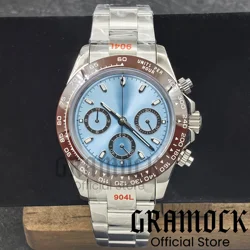 Gramock Business 39mm VK63 Quartz Watch Men's Timing Sapphire Glass Luminous Blue Dial Ceramic Brown Bezel Stainless Steel Strap