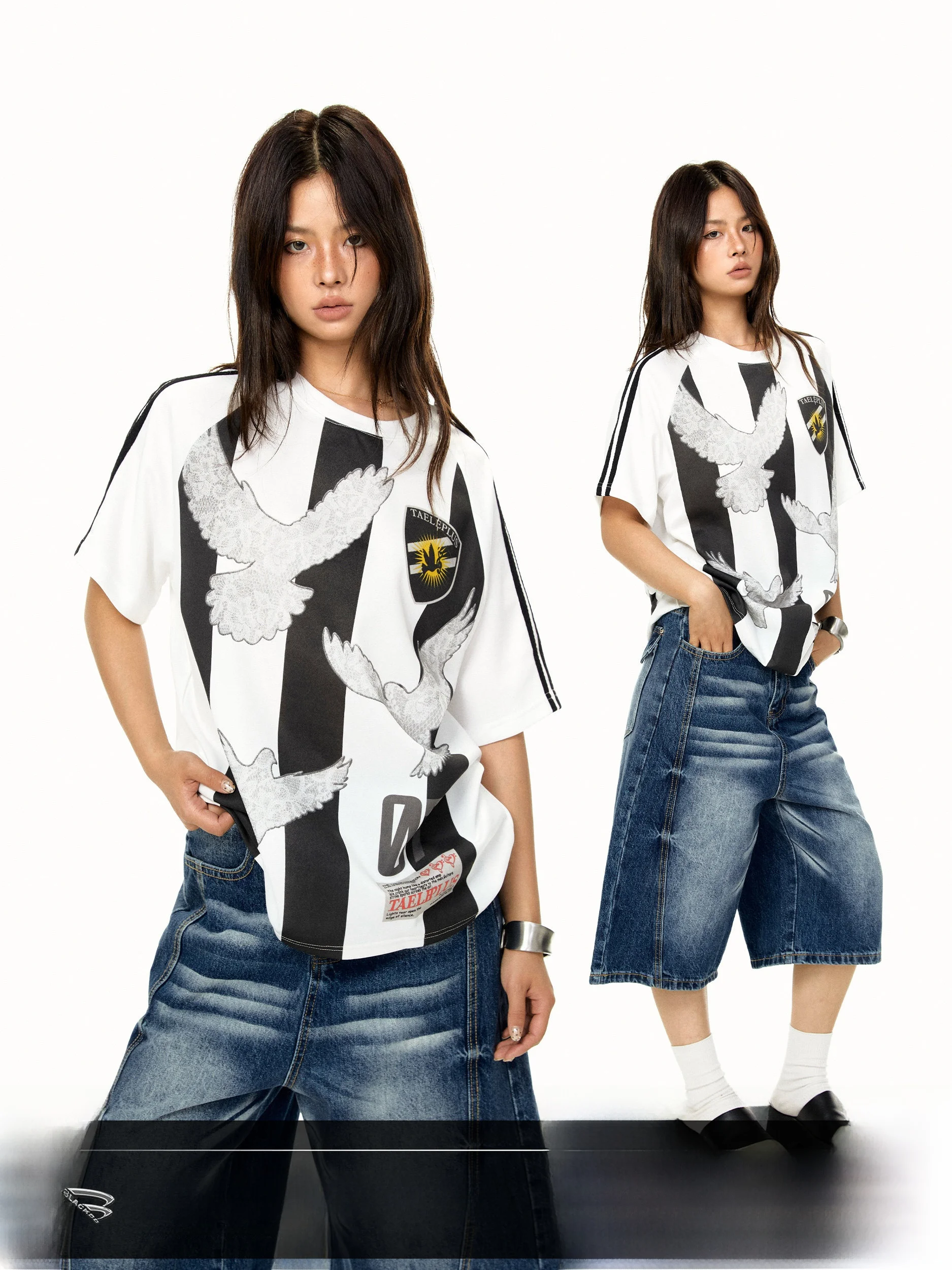 Blackbb Loose Color Block Stripe Print Top with Peace  Fashionable Sporty Short Sleeve T Shirt for Women Summer 2026